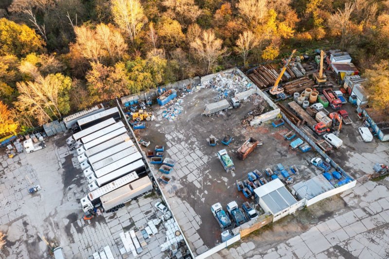 An aerial image of a construction site with skips